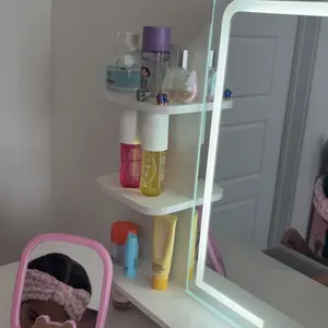 Makeup Vanity Desk with Mirror and Lights, Small Makeup Vanity with Fabric Storage Drawer & Chair & Shelves, White Vanity with Fold-up Panel and Power Outlet for Bedroom