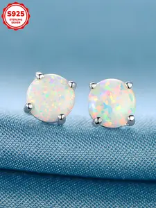 Elegant Women's 925 Silver Color Round Synthetic Opal Earrings, Stud Earring Jewelry, Elegant Minimalist Earrings, Simple Fashion Ear Bone Pins for Daily Wear, Perfect Birthday Gift Jewelry, High Quality Earrings