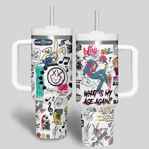 Blink Music Tumbler 40oz with Handle, Pop Punk Aesthetic Cup, All the Small Things Inspired Mug, Skate Punk Fan Gift, 90s 2000s Band Travel Mug, Stainless Steel Tumbler