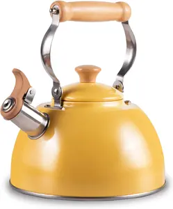 BOMPOW Tea Kettle, Tea Pot with Cool Touch Ergonomic Handle, Tea Kettle Food Grade Stainless Steel, Tea Kettle Stovetop, Kettle Teapot, Whistling Tea Kettle, Small Tea Kettle, 1.6 Quart (Yellow)