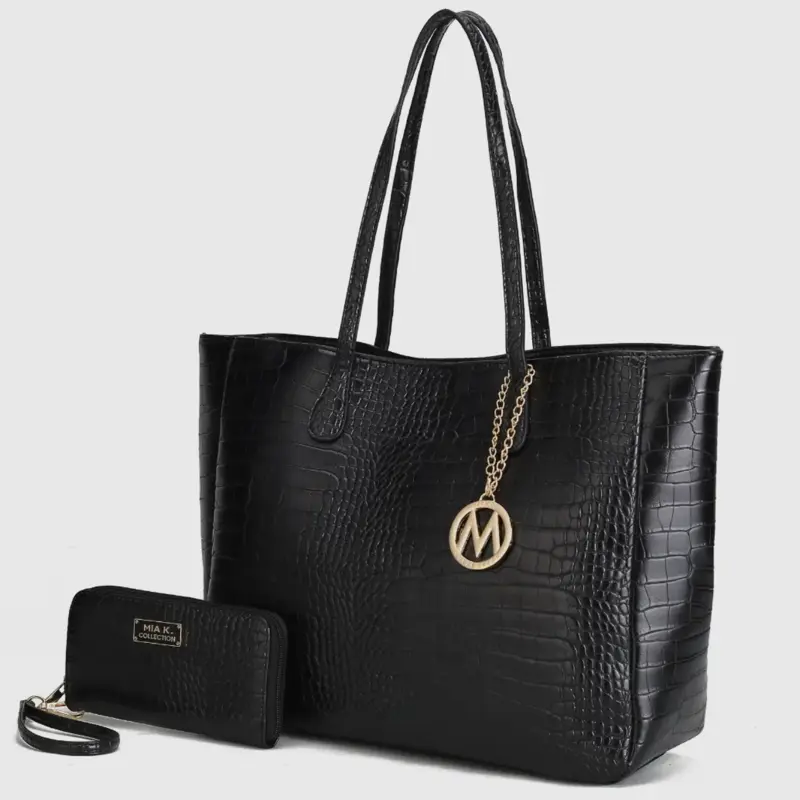 Mia K. Black Crocodile-Embossed Tote Bag with Chain Charm and Matching Wallet Set