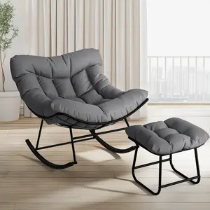 [FLASH SALE] Garvee Papasan Rocking Chair with Footrest, 400 lbs Indoor Outdoor Lounge Rocker with Thick Cushion & Ottoman for Patio, Balcony, Porch & Bedroom, Dark Gray