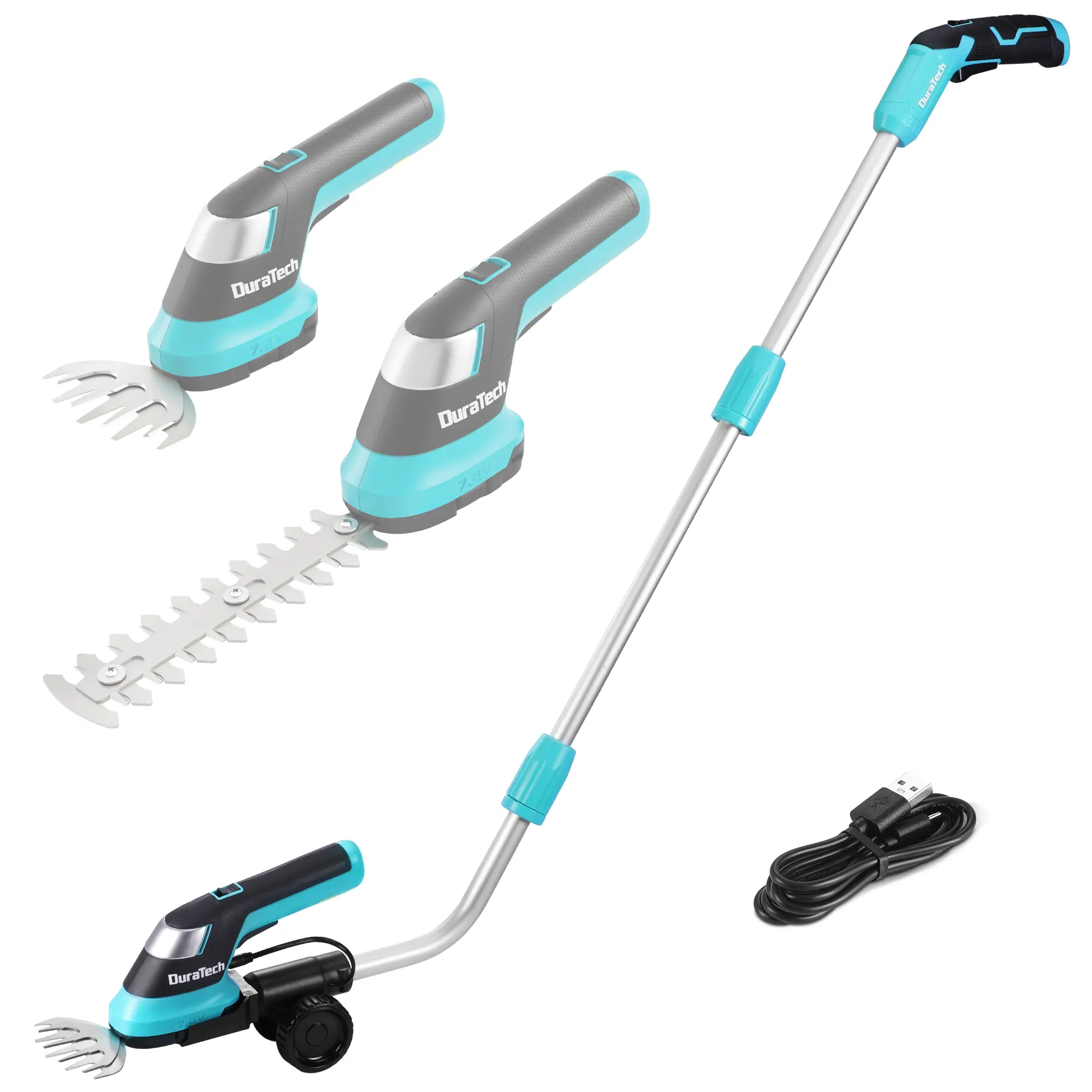 #fathersdaygift DURATECH Cordless Hedge Trimmer, 7.2V 3-in-1 Handheld Electric Grass Trimmer & Hedge Shears with 50" Wheeled Extension Pole, USB Type-C Cable and Built-in Li-ion Battery, for Garden, Yard and Lawn