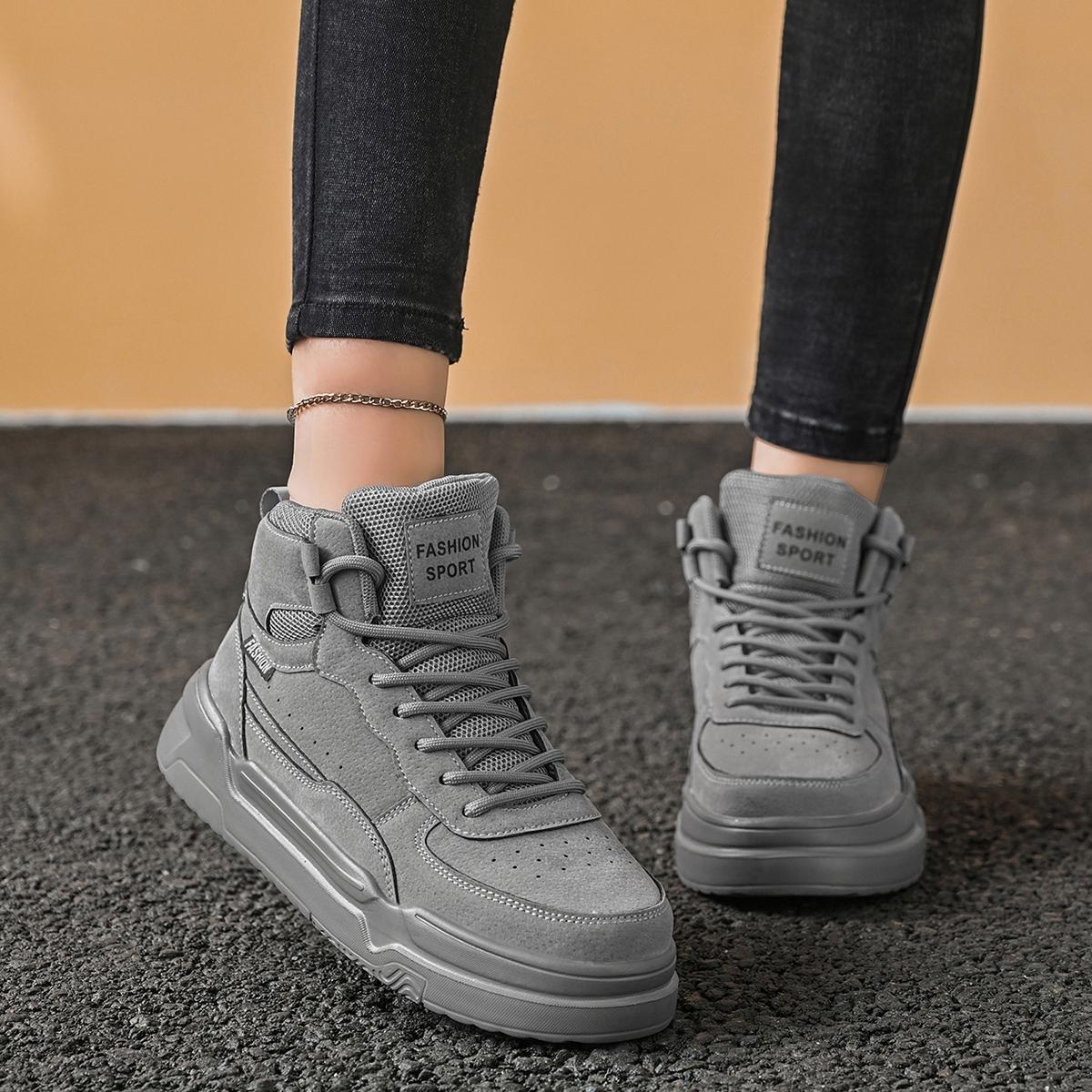 Women’s high-top sneakers, gray suede-texture platform shoes, casual platform shoes, fashionable workwear boots, height-boosting shoes, breathable and comfortable women’s shoes, street style, versatile everyday shoes Women’s high-top sneakers, gray suede-texture platform shoes, casual platform shoes, fashionable workwear boots, height-boosting shoes, breathable and comfortable women’s shoes, street style, versatile everyday shoes