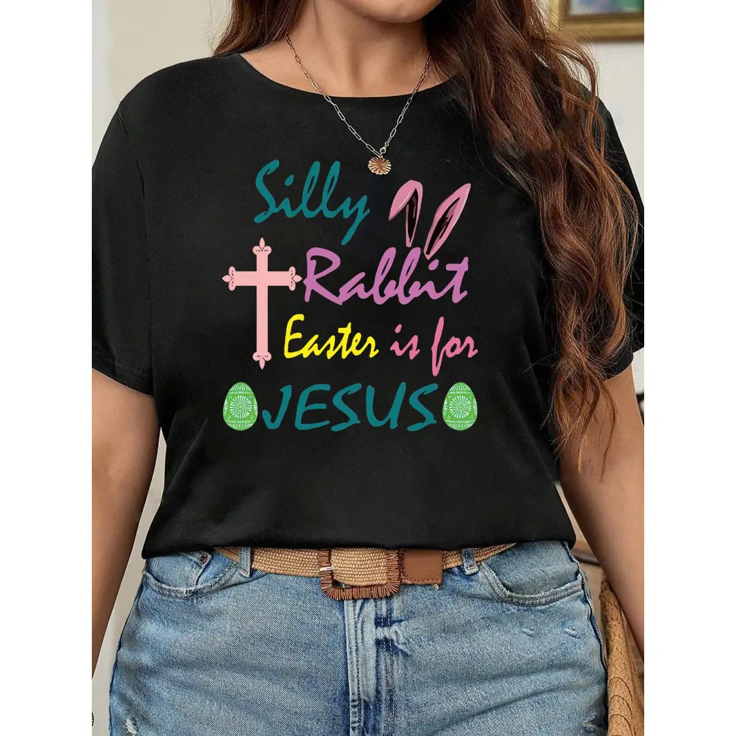 Women's Cotton-Blend Breathable Short-Sleeve Crew Neck T-Shirt - Easter Jesus Cross, Bunny & Egg Prints, Faith Christian Streetwear Spring Casual Top, Shortsleeve