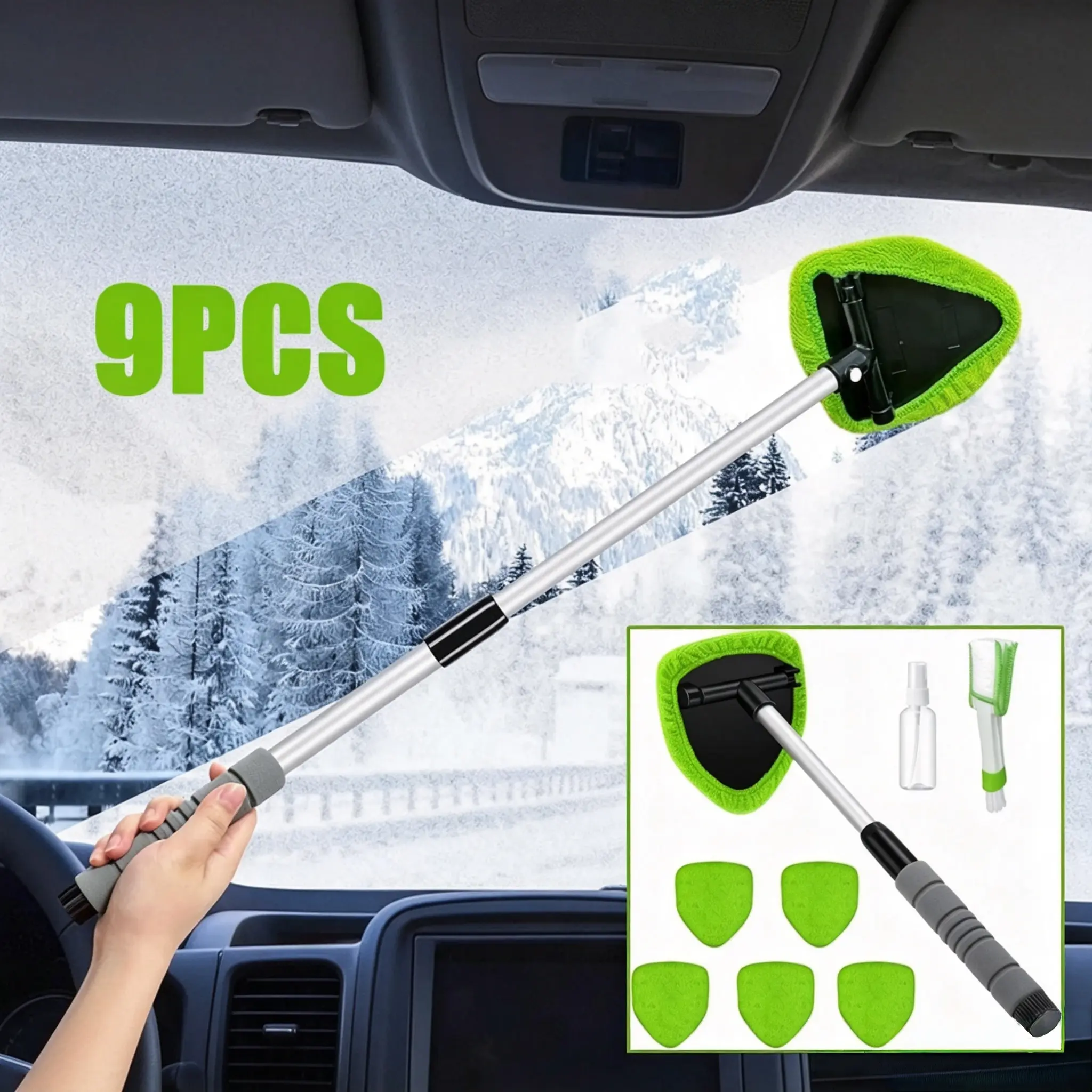 9-Piece Car Wash Brush Kit - 180° Swivel Triangle Head, Extendable Aluminum Pole, Microfiber Pads, Oil Film & Fog Removal Tool for Auto Windshield, Sunroof Car Washing Accessories