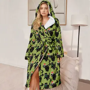 Women's Hooded Bathrobe, Soft Plush Long Robe, Christmas Cat Pattern, Perfect Gift for Mother and Wife, High-End Ladies' Loungewear