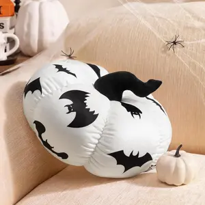Velvet Pumpkin Throw Pillows, Halloween Decorative Pillow for Fall Holiday, Cute 3D Bat Print White Pumpkin Shaped Pillows