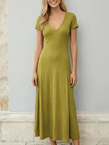 Women's Olive V-Neck Long Dress, Casual Slim Fit A-Line Skirt, Summer Beach Wear, Elegant and Comfortable Design