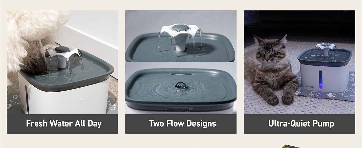 Veken Innovation Award Winner 95oz/2.8L Pet Fountain, Automatic Cat Water Fountain Dog Water Dispenser with Replacement Filters for Cats, Dogs, Multiple Pets (Grey, Plastic)