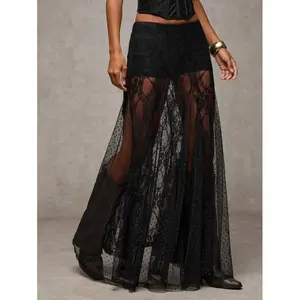 Fashionable white lace see-through low-rise white skirt; women’s outfit for country music concerts, beach resorts, and Halloween