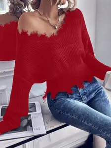 Women's Ribbed Ripped Long Sleeve Sweater, Casual Fashion Pullover Jumper for Daily Wear, Ladies Knitwear for Fall & Winter, Hoodie