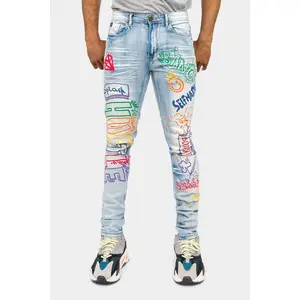 Graffiti Faded Washed Denim Jeans