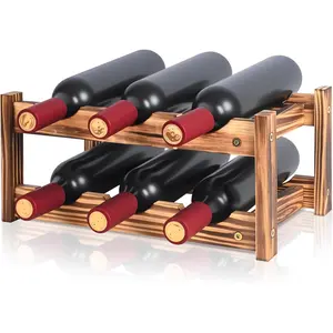 6-Bottle Wooden Wine Rack 2-Tier Tabletop Countertop Space-Saving Wine Holder with Screwdriver Included Easy Assembly Wine Storage Shelf for Kitchen Bar Pantry & Home Decor