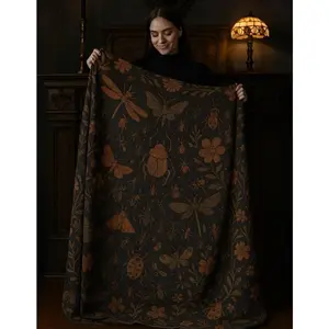 Cozy Gothic Velveteen Plush Blanket, Dark Botanical Floral Insect Throw, Soft Warm Bed and Sofa Decor, Unique Gift for Halloween and Home
