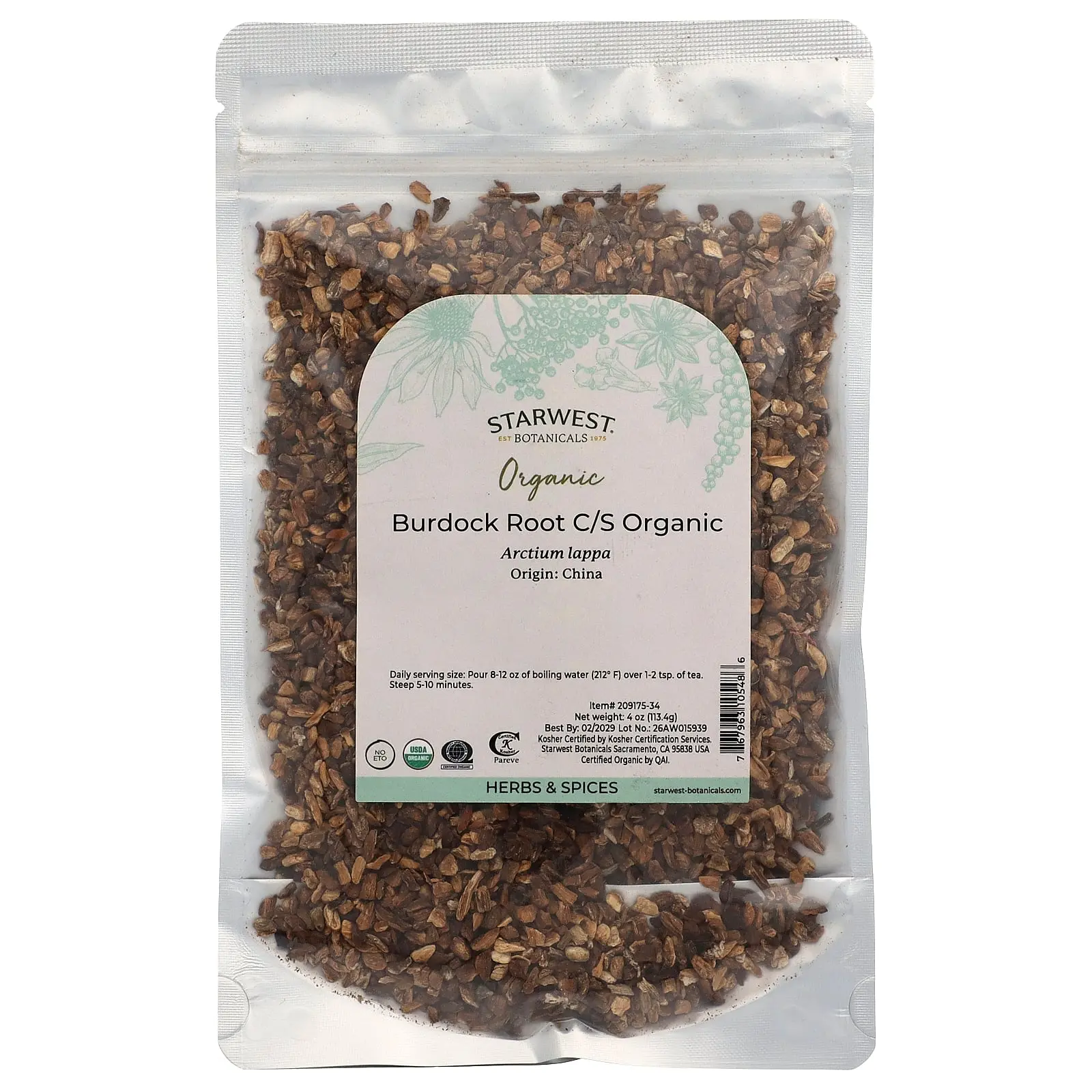 Starwest Botanicals Organic Burdock Root C/S, 4 oz (113.4 g) Starwest Botanicals Organic Burdock Root C/S, 4 oz (113.4 g)