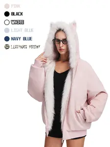 FDR Oversized Faux Suede Cozy Jacket with Cat Ears & Leopard Print Soft Warm Faux Fur Lining Unisex  Womenswear Sweatshirts Fall Fashion Coat Winter Outfits