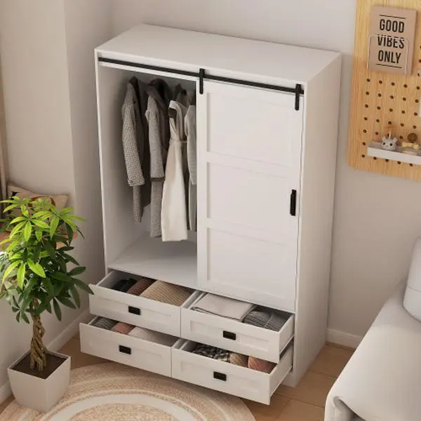 Bellemave Glam Tall White Wardrobe Cabinet - Thick MDF Board Armoire Closet with Hanging Rods, Barn Door, Drawers, Open Shelves, Enclosure & Extra Compartmentalized Storage
