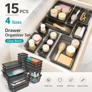15 PCS Clear Acrylic Drawer Organizer Set, 4-Size Clear Black Storage Trays, durable, stackable and space-saving. Perfect for organizing makeup, jewelry and gadgets in bathroom, bedroom and office drawers.