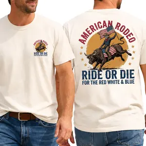 American Rodeo Ride Or Die For The Red White & Blue Unisex T-Shirt, Patriotic Bull Riding Cowboy Graphic Tee, USA Flag Rodeo Shirt, Western Americana Apparel, Country Cowboy Gift for Men