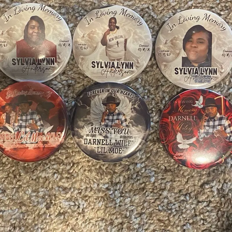 In Loving Memory Buttons Pins Featuring Sylvia Lynn Anderson & Darnell Wiley Lil Moe Personalized Memorial Pins