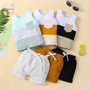 Baby Boys 2PCS Pants Suit, Sleeveless Patchwork Crew Tank Tees + White Straps Short Pants, Toddler Boys Casual Outfit