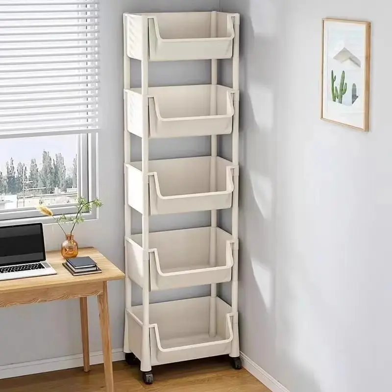 5-tier multi-functional plastic storage cart; allows for flexible layer configuration; equipped with wheels for mobility; suitable for various settings such as the kitchen, bathroom, living room, and bedroom.