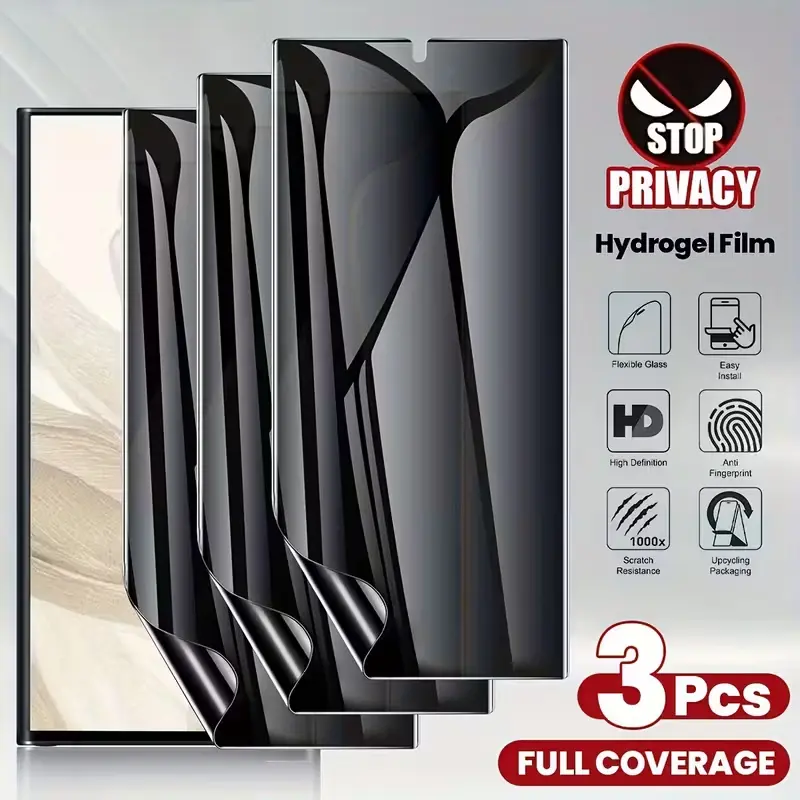 3pcs Full Coverage Privacy Soft Hydrogel Protective Smartphone Screen Protector Film, Accessories For Samsung S25 S24 S23 Ultra Plus S22 S21 S20 FE Note 20 Ultra,Anti-Scratch,Anti-Fingerprint,Fingerprint unlocking,Anti-peeping,Anti Spy,Case Friendly