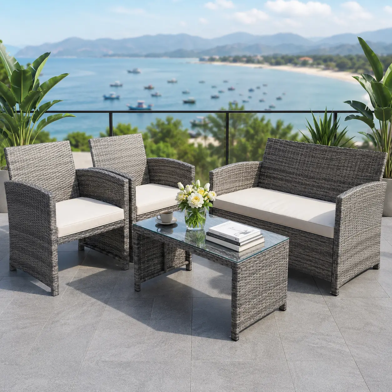 Walsunny 4-Piece Outdoor Patio Furniture Set, Patio Set with 2 Rattan Chairs, 1 Loveseat & 1 Glass -Top Coffee Table, Weather-Proof Wicker with Cushions, Conversation Set for Porch, Balcony, Lawn Lawn Backyard