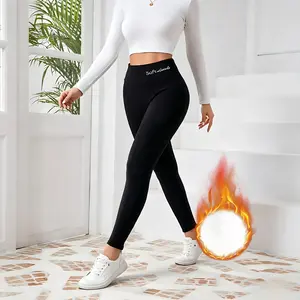 Women's High Waist Fleece Lined Leggings, Solid Color Thermal Stretchy Tights for Yoga Running Winter Sports, Comfort Slim Fit Basic Bottoms