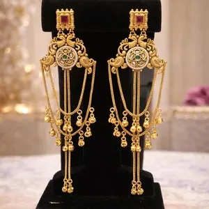 Royal Intricate Kashmiri Chain Combo Earrings with Gold Color and Red Stone