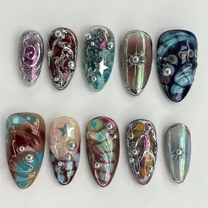 Nail Karma - Handmade Iridescent Galaxy 3D Press-On Nails | Chrome Swirls, Silver Stars, Jelly Texture,Glossy Oval Shape| Space, Psychedelic Nail Art Set