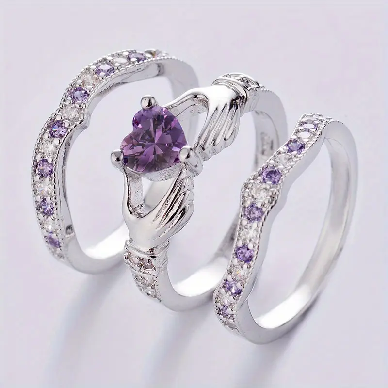 3pc Claddagh Heart Design Rings Set, Vintage Style, Party Fashion Jewelry With Eight Arrows Cubic Zirconia In Purple, Blue & Pinkish