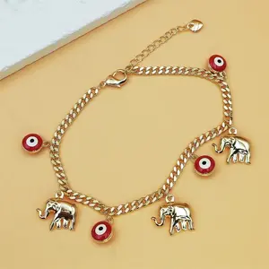 Gold Devil's Eye Bracelet with Baby Elephant Pendant Adjustable Length for Stylish Accessory