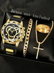 4PCS Golden Men's Watch Set Business Fashion Versatile Classic Three Eye Quartz Watch Bracelet Necklace Ring Set Suitable For Daily Clothing Matching Or Holiday Gifts