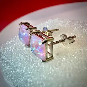 Princess Cut Pink Opal 925 Sterling Silver Stud Earrings