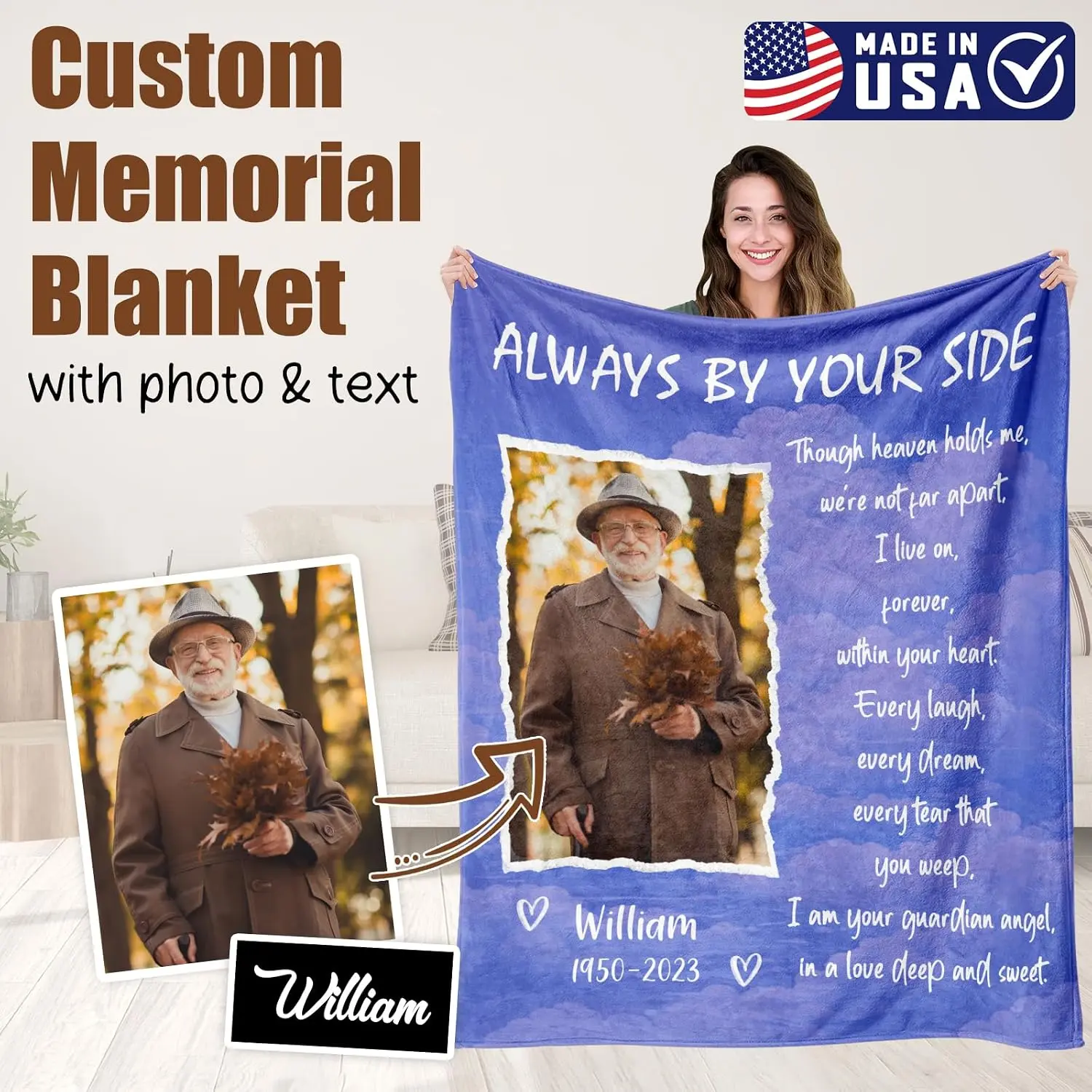 Custom Photo Memorial Blanket - USA-Printed Personalized Sympathy Gift for Loved Ones, Pet Loss Remembrance Throw