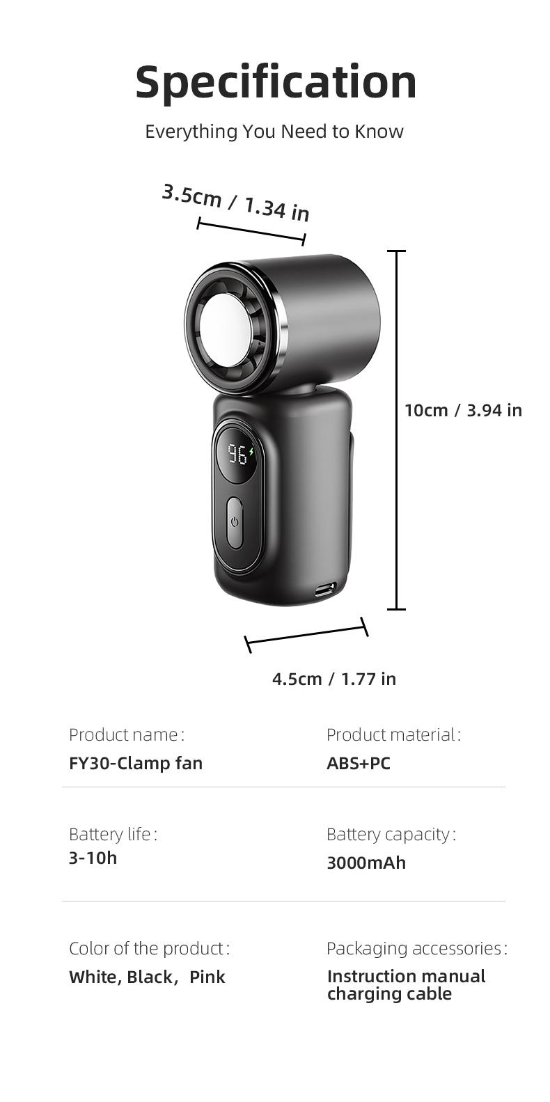 Clip & Cool-Touch Plate Rechargeable USB Charging Cooling Fan, 5-Speed 3000mAh Handheld Portable Fan with Wearable Clip for Umbrellas/Bags, USB-Powered for Summer Camping & Outdoor Travel