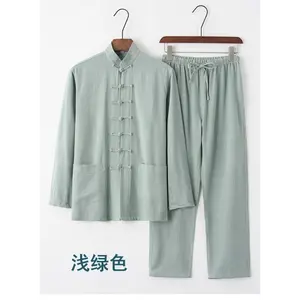 Linear Long Sleeve Suit For Men Chinese Retro Buckle Tang Suit Tai Chi Suit Cotton Linen Two-piece Set