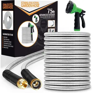 Garden Hose 75ft, Stainless Steel Heavy Duty Water Hose with 10 Function Nozzle Flexible, Lightweight, No-Kink, Pet Proof, Puncture Proof Metal Hose for Yard, Outdoor