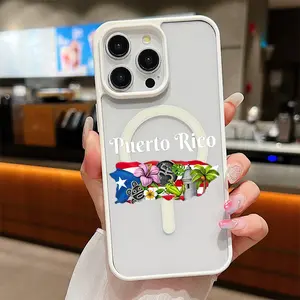Puerto Rico Flag and Tropical Pattern Transparent Magnetic Ring Wireless Charging Full Protection Anti-drop Thickened Hard Case for iPhone 16/15/14/13/12/11/X/XS/XR/Mini/Plus/Pro/Max - Fashion Gift Choice SHLP0796