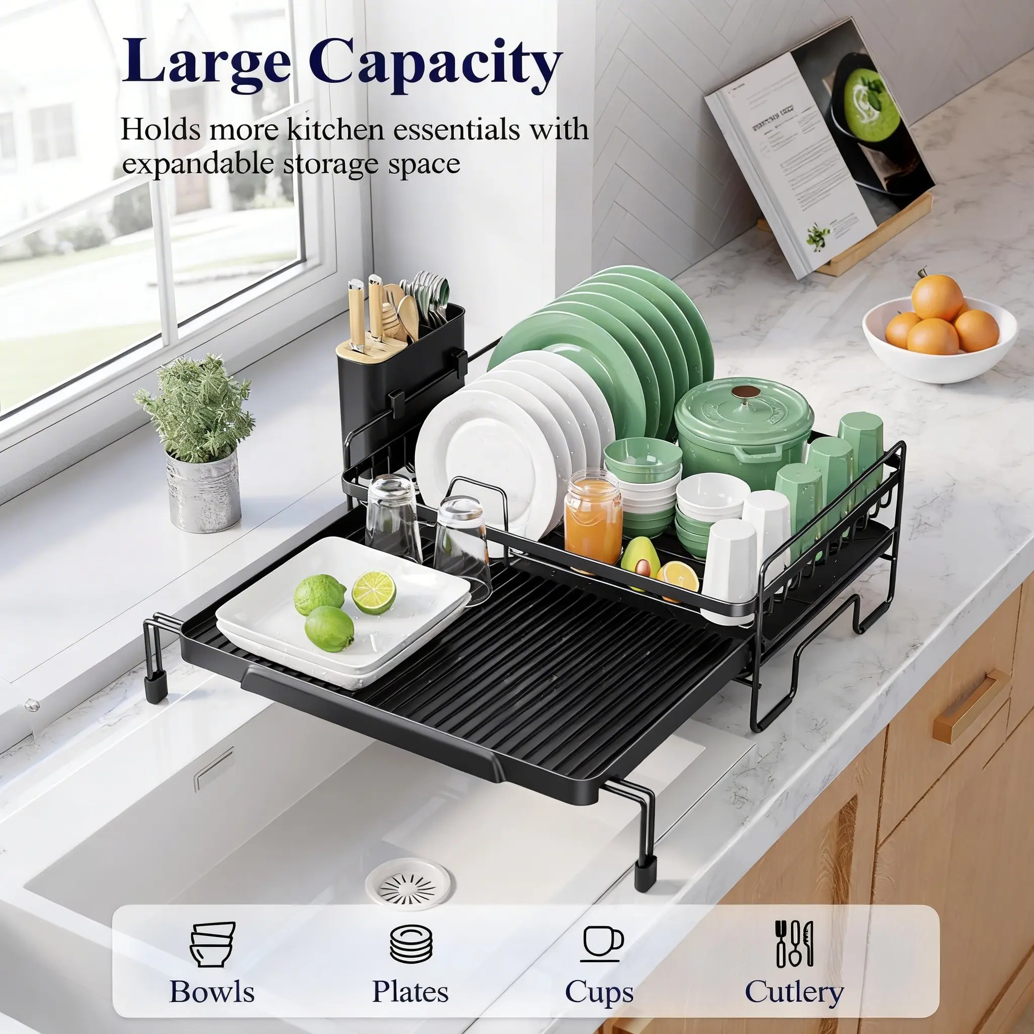 Adjustable Expandable Dish Drying Rack with Wide Edge, Kitchen Sink Organizer, Black