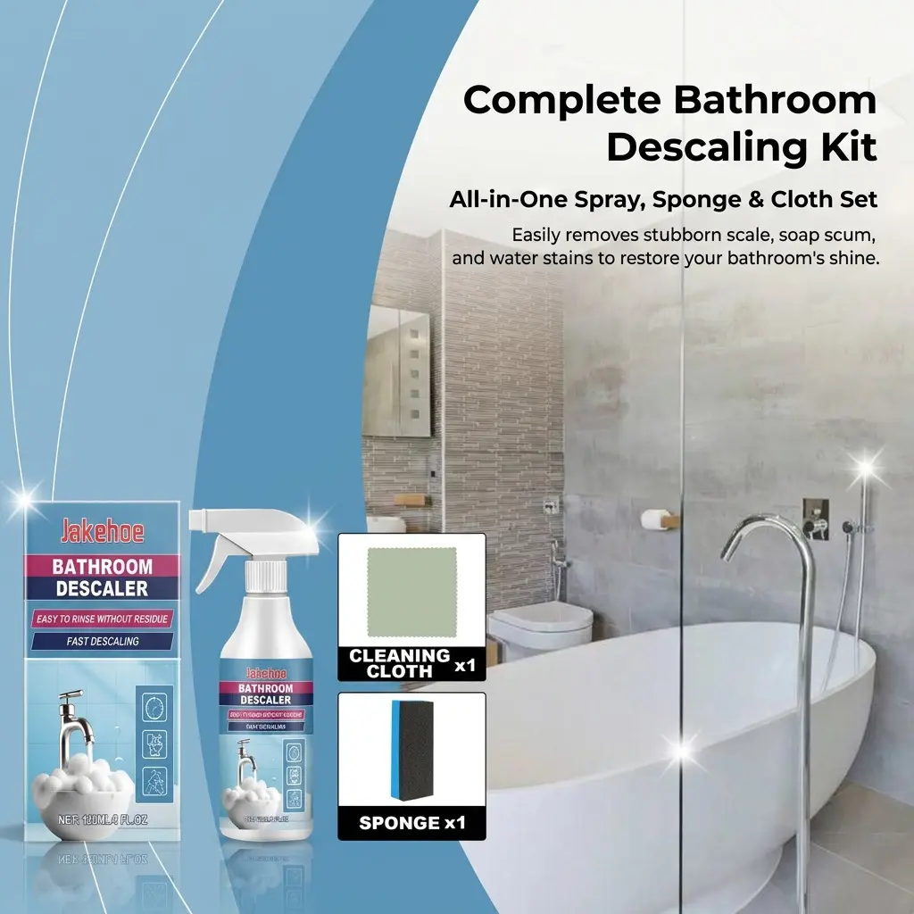 Bathroom Descaling Cleaner Kit - 120ML Limescale & Water Stain Remover Spray with Sponge & Cloth, Removes Hard Water Spots from Shower Glass, Tiles, Faucets, Fast-Acting Deep Clean for Bathroom Surfaces