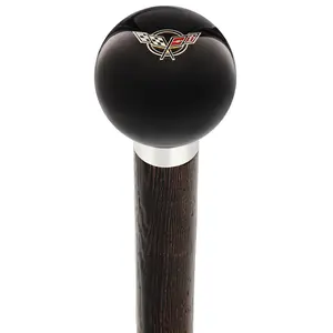Licensed Corvette Angled Flags Emblem Black Round Knob Cane w/ Custom Wood Shaft & Collar