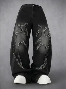 Men's Black Washed Star Frayed Patchwork Wide Leg Jeans Cotton Blend Baggy Denim Streetwear Pants