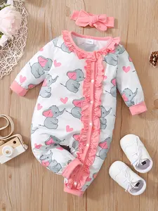 Baby Girl Elephant Print Romper Set, Cute Animal for Toddlers, Comfortable & Stylish Clothing for Daily Wear