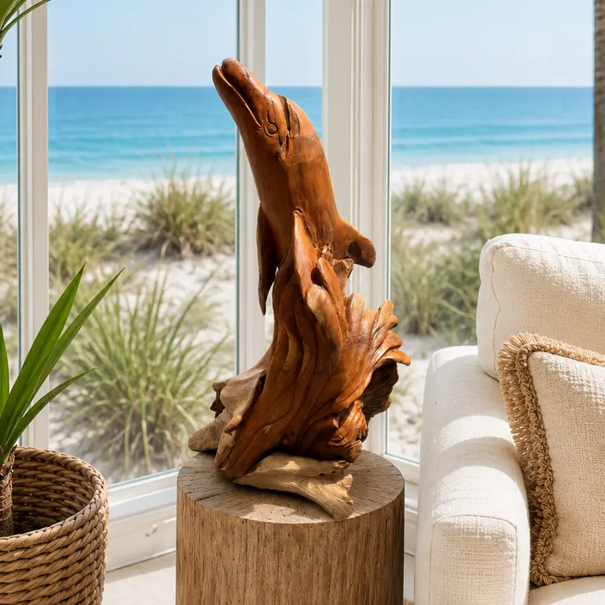 Solid Teak Wood Dolphin Sculpture – Hand Carved in Bali, Indonesia
