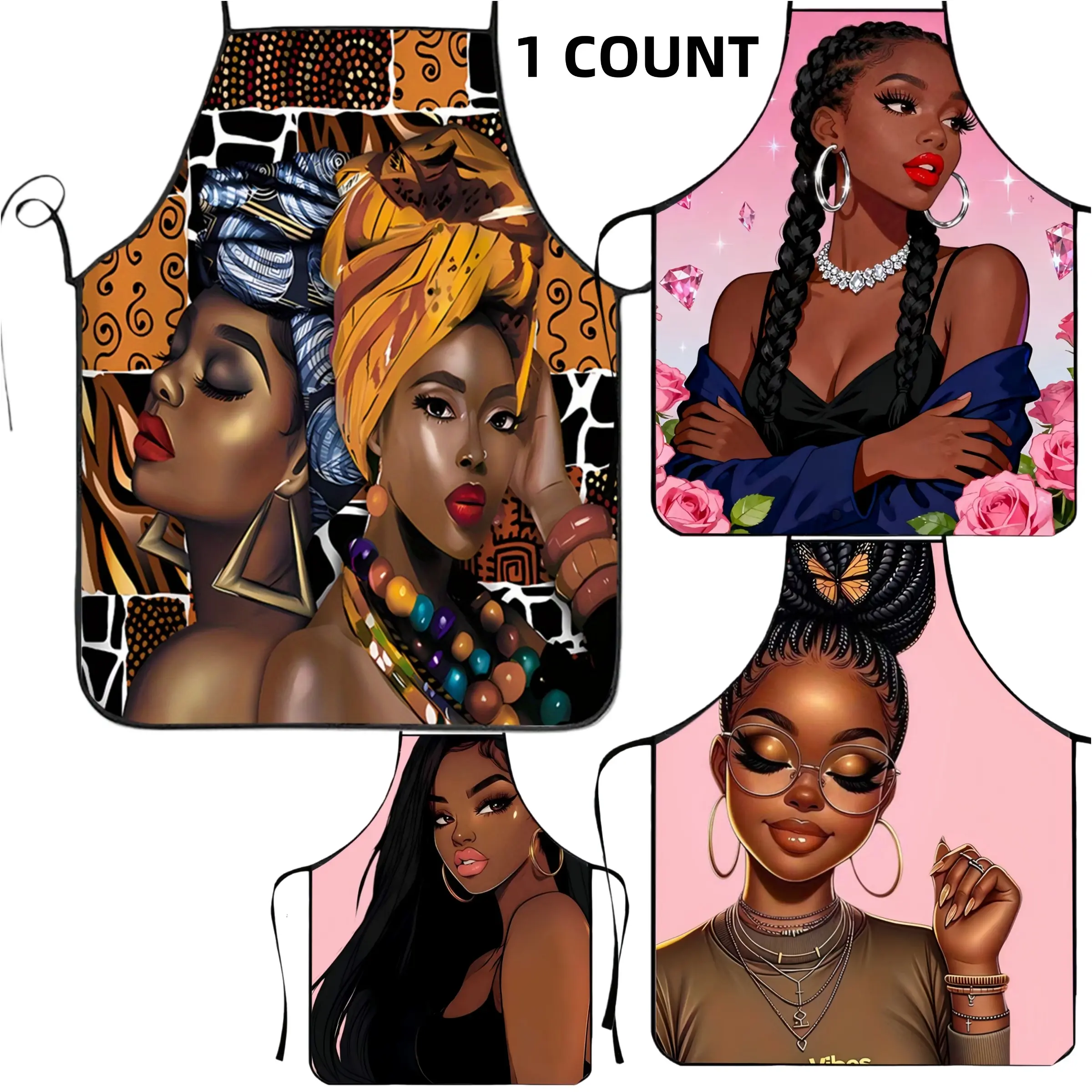 African Woman Print Polyester Apron, Apron for Women, Gift for Women,Kitchen Apron, Christmas Gift, Nails Design Tool, Kitchen Essential,Nail Tech,Nails Art, Black Magic,﻿Cleaning Tool