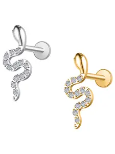 Astm F136 Titanium Stud Earrings Cz Paved Design, Small Snake Pattern Flat Back Studs for Labret & Cartilage Piercing Jewelry