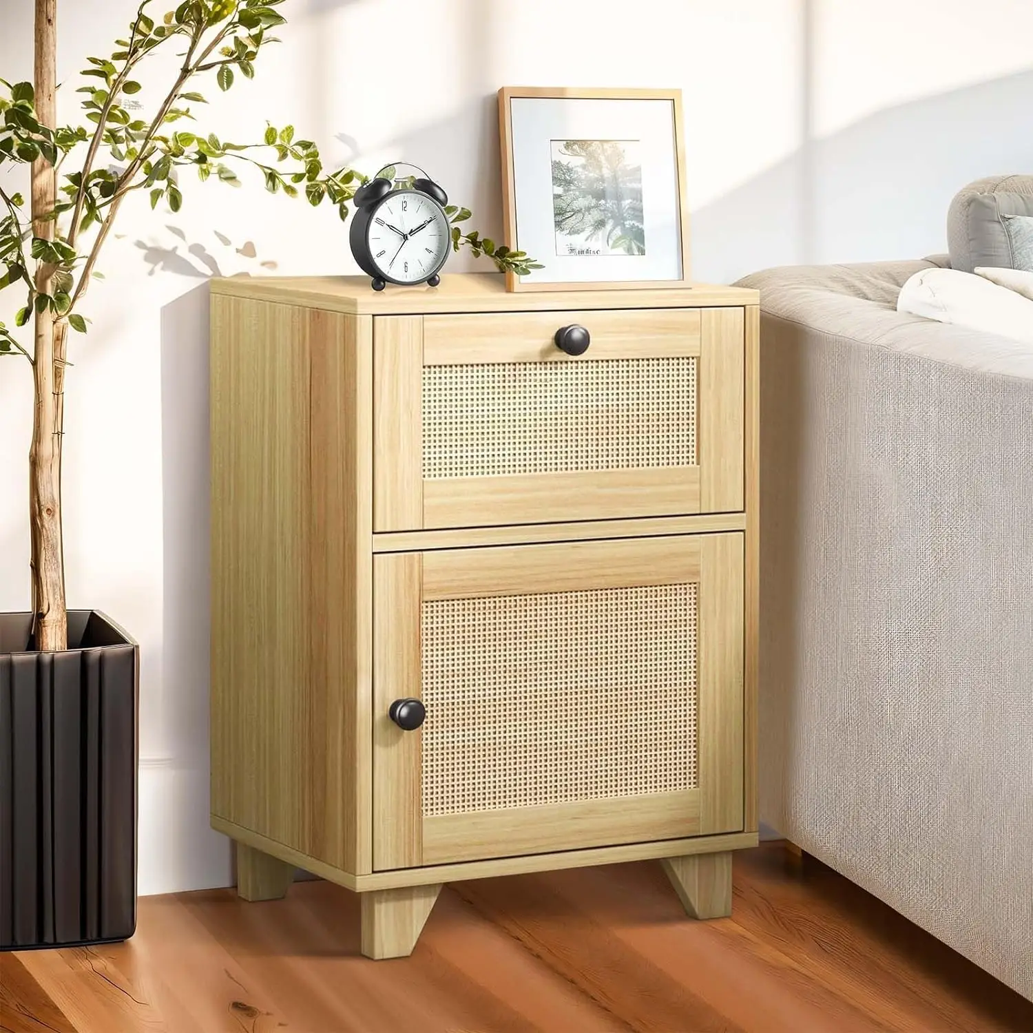 HOMBCK Nightstands Set of 2, Bedside Table, End Table, Bohemian Decorated Handmade Door, Storage, Bedroom, Living Room